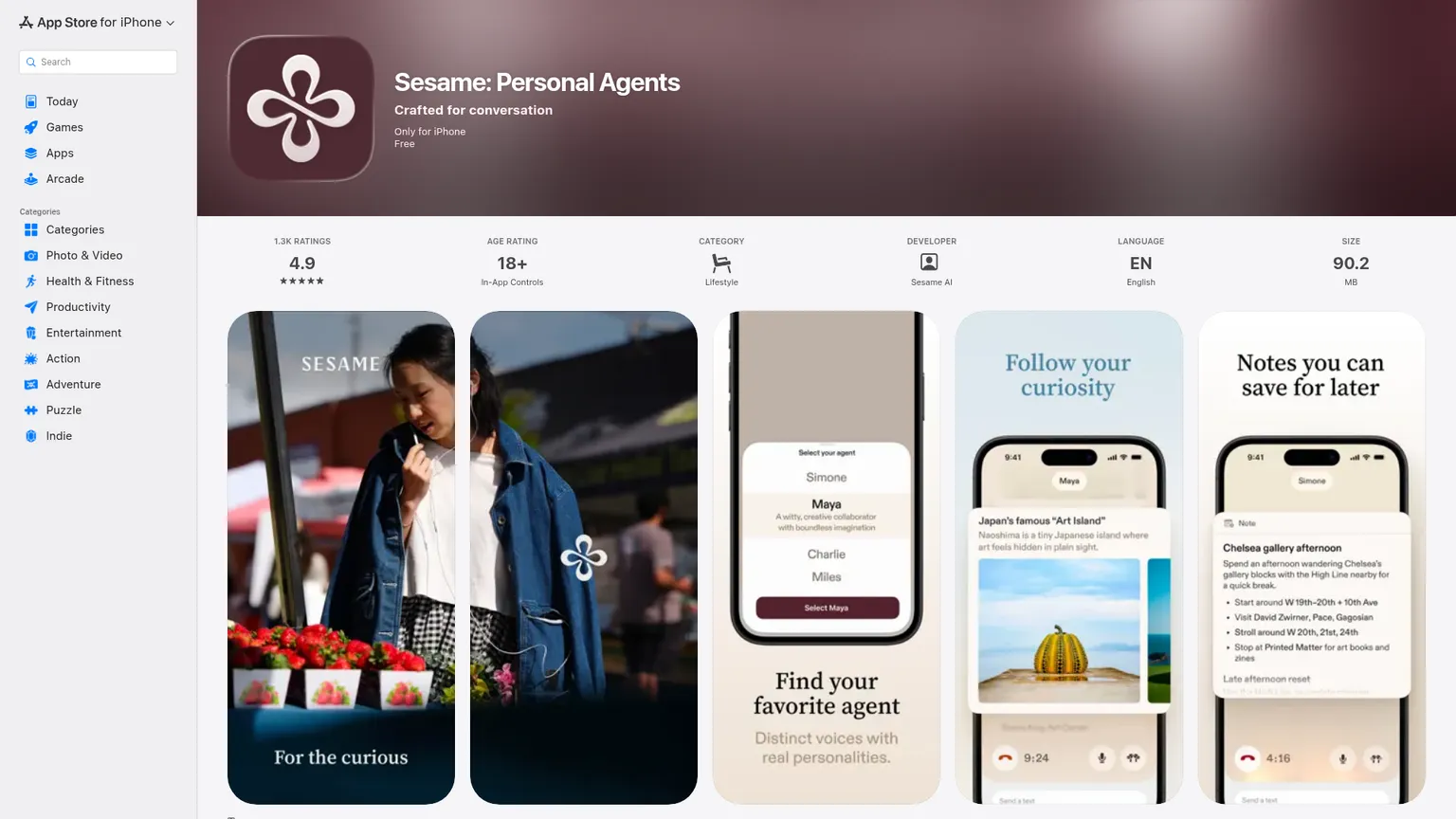 App-Store-Eintrag von Sesame Personal Agents mit dem aktuellen kostenlosen Preis