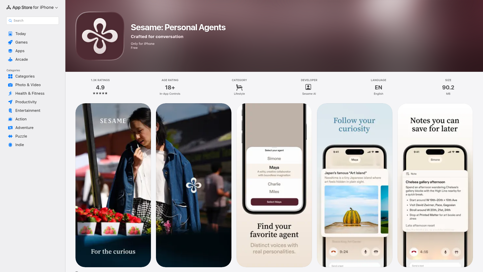 Sesame Personal Agents App Store listing showing the current free price