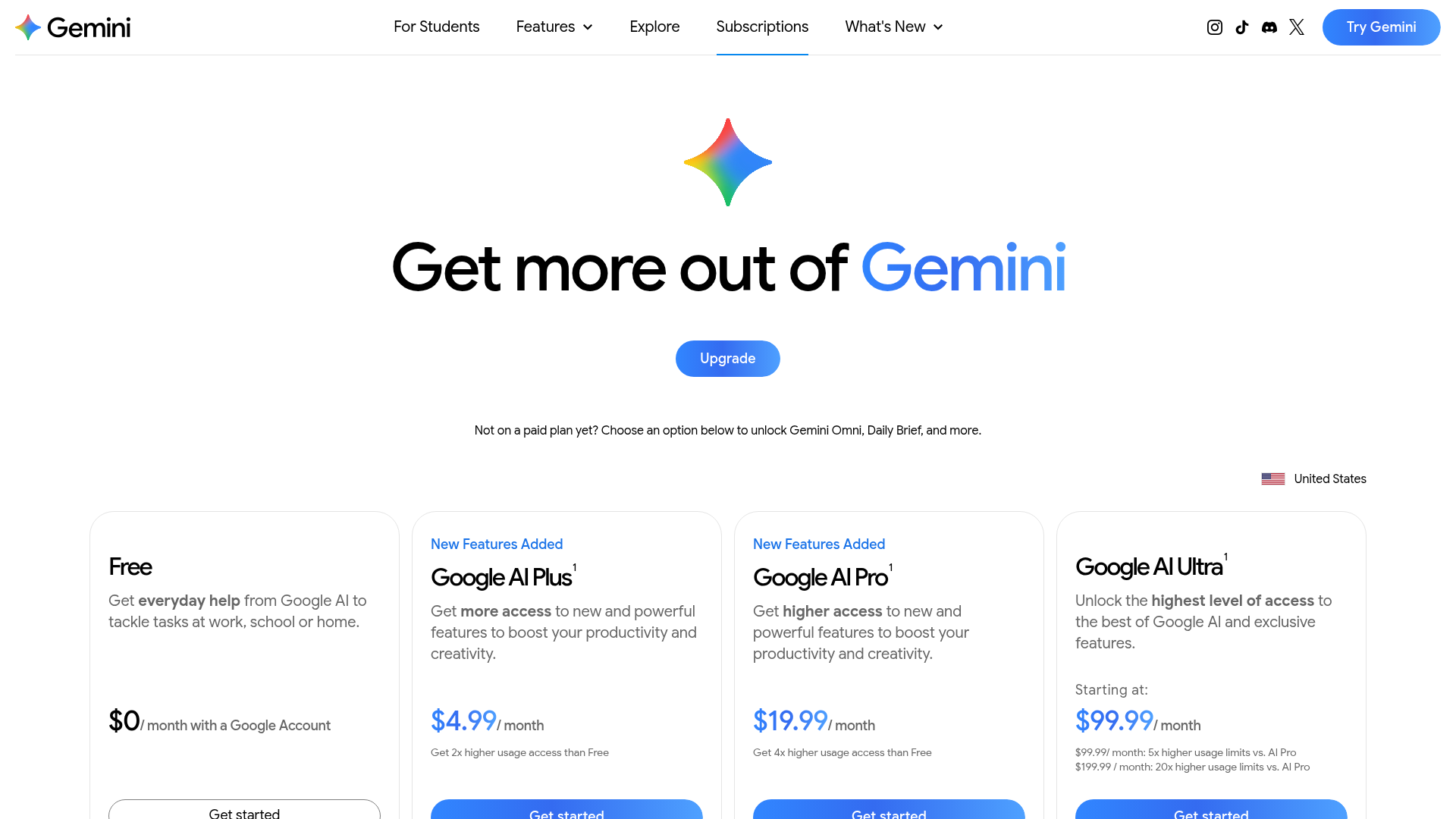 Gemini subscriptions page showing Free and Google AI Plus prices