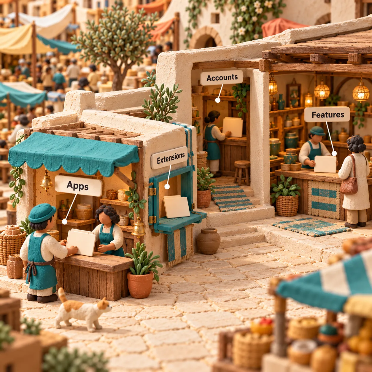 A clay market cutaway shows standalone apps, attached extensions, private accounts and embedded features at different depths.