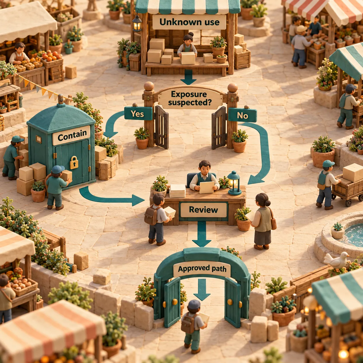 A market path sends suspected exposure through containment before review, while other unknown uses go directly to review and an approved path.