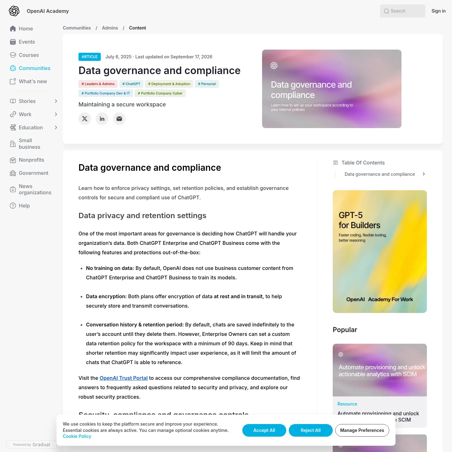 OpenAI documentation explaining business data training defaults and retention