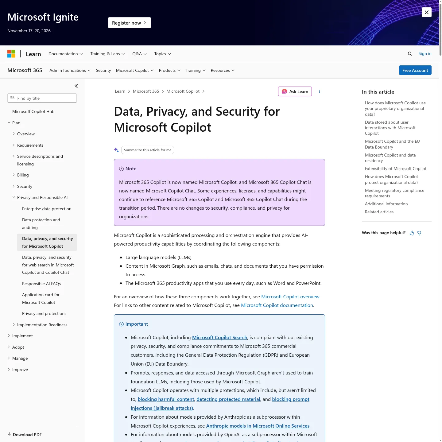 Microsoft documentation describing organizational Copilot data use and access permissions