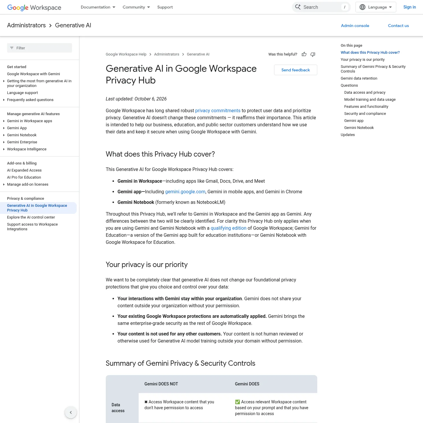 Google Workspace privacy hub describing covered Gemini services and data handling