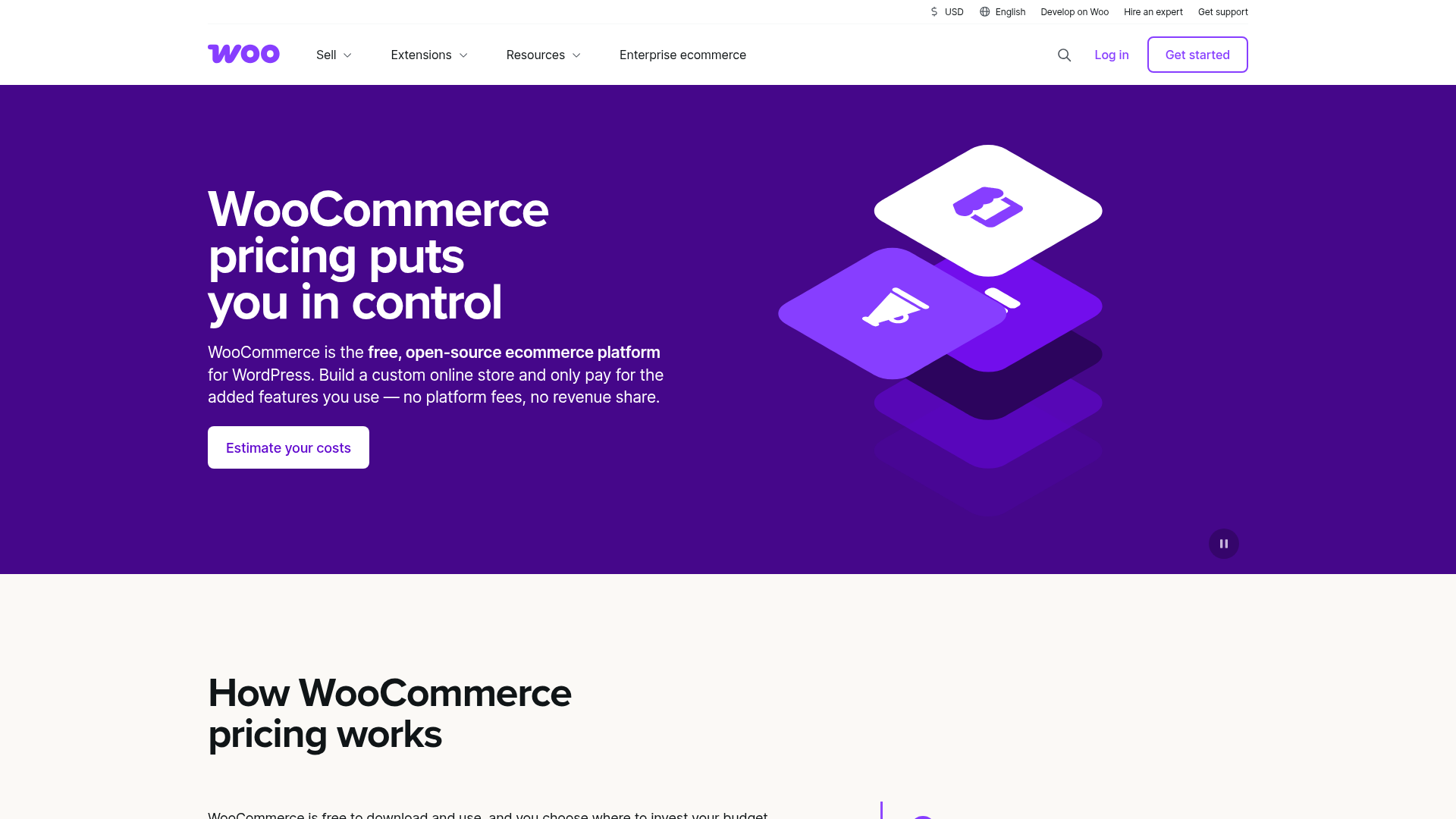 WooCommerce official pricing page showing free core hosting and extension ranges