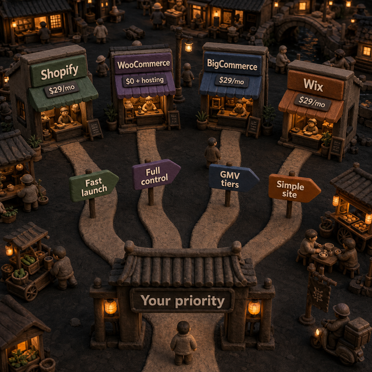 Decision flow routing buyers to Shopify, WooCommerce, BigCommerce, or Wix