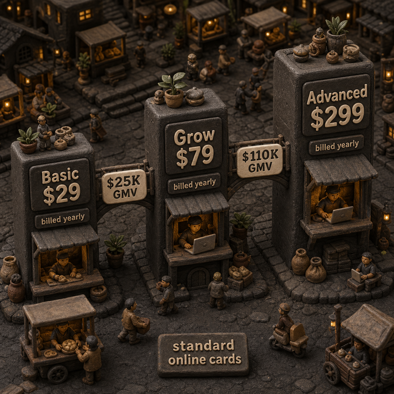Shopify Basic, Grow, and Advanced cost staircase with standard-card GMV break-even points