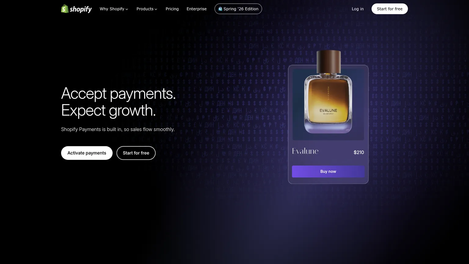 Shopify Payments public feature page with Shop Pay and payment methods