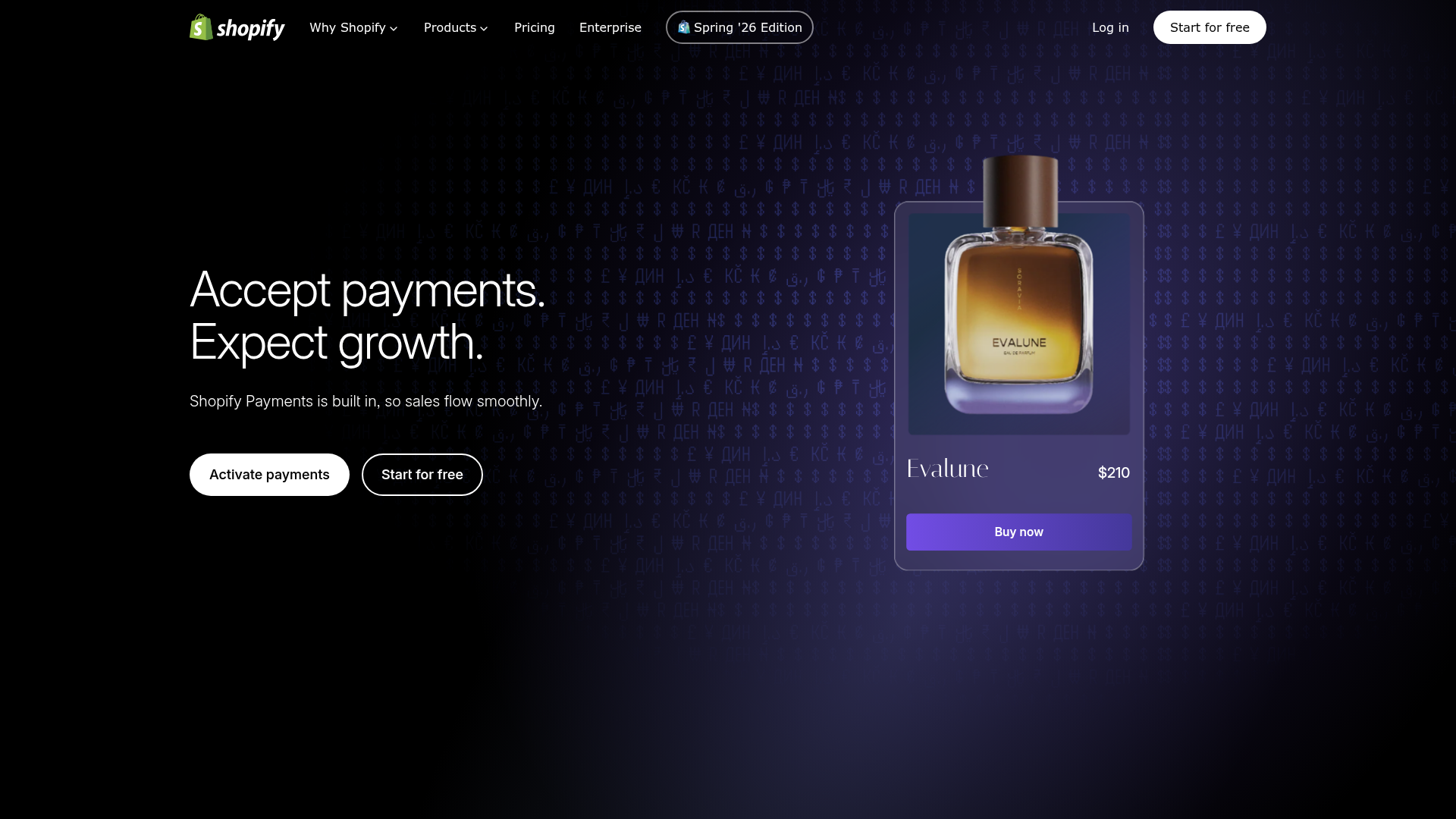 Shopify Payments public feature page with Shop Pay and payment methods