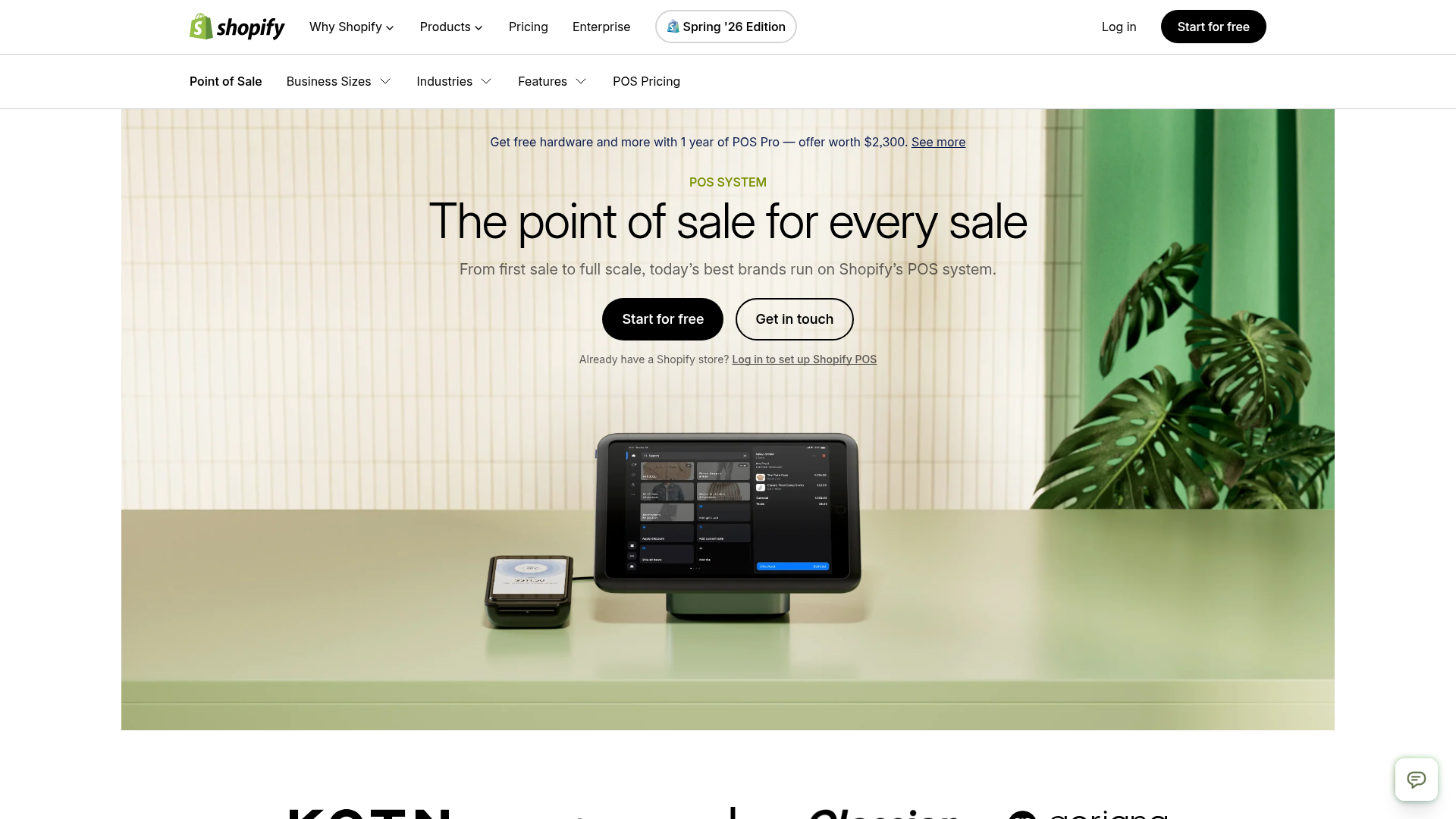 Shopify POS public page showing retail hardware and unified commerce