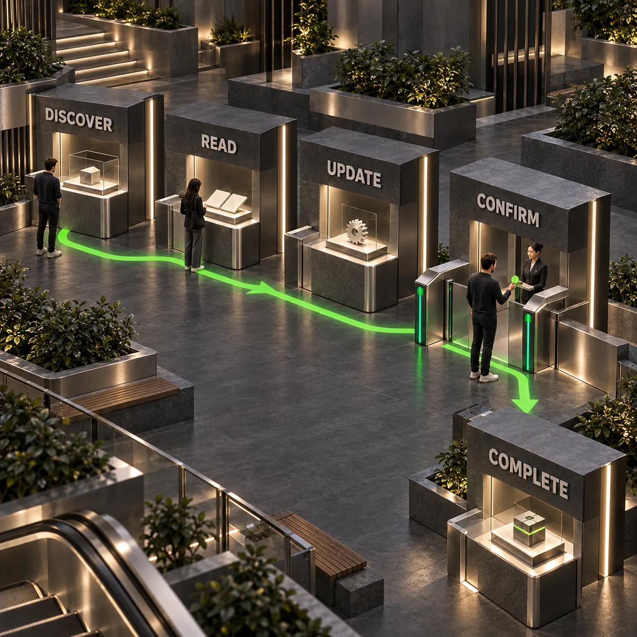 Maquette architecturale montrant les cinq étapes du checkout Shopify WebMCP, de la découverte des outils à la finalisation