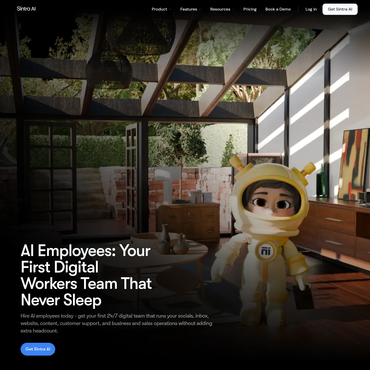 Page d'accueil de Sintra présentant ses employés IA nommés et ses workflows pour les entreprises