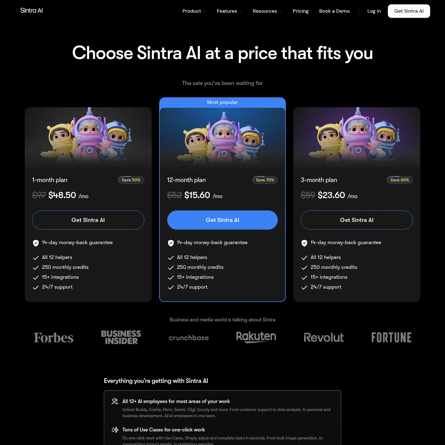 Page tarifaire de Sintra affichant le prix promotionnel mensuel et les crédits inclus