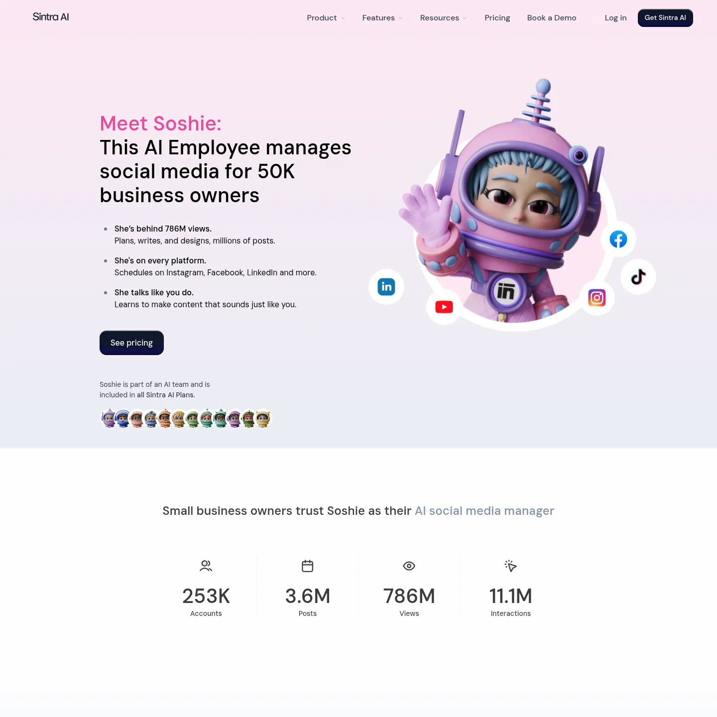 Page de présentation de Soshie, l'assistant de Sintra pour les réseaux sociaux