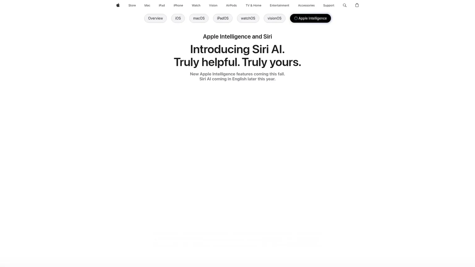 Pagina di Apple Intelligence con le funzioni di Siri AI e i dispositivi supportati
