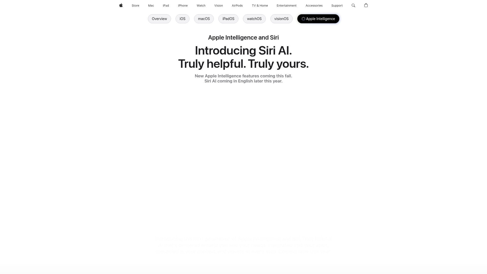 Apple Intelligence page showing Siri AI features and supported devices