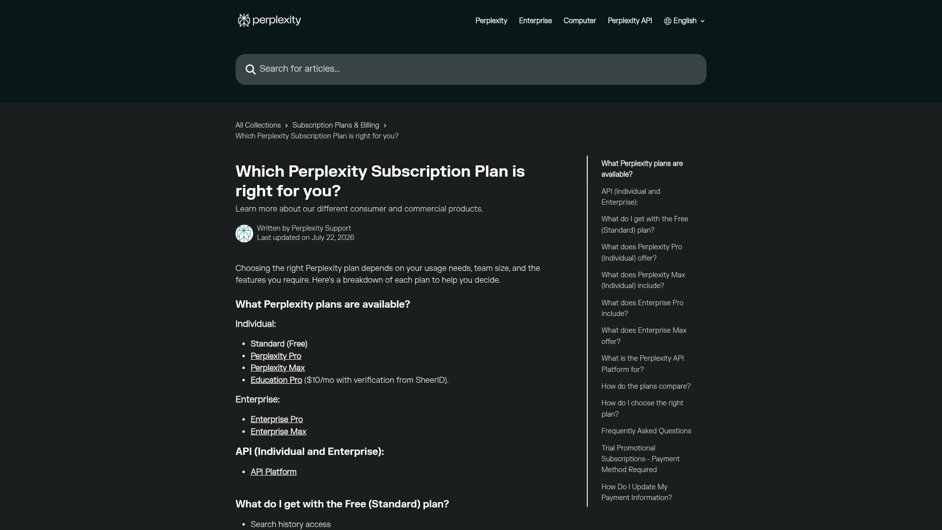 Perplexity plan comparison and enterprise pricing page