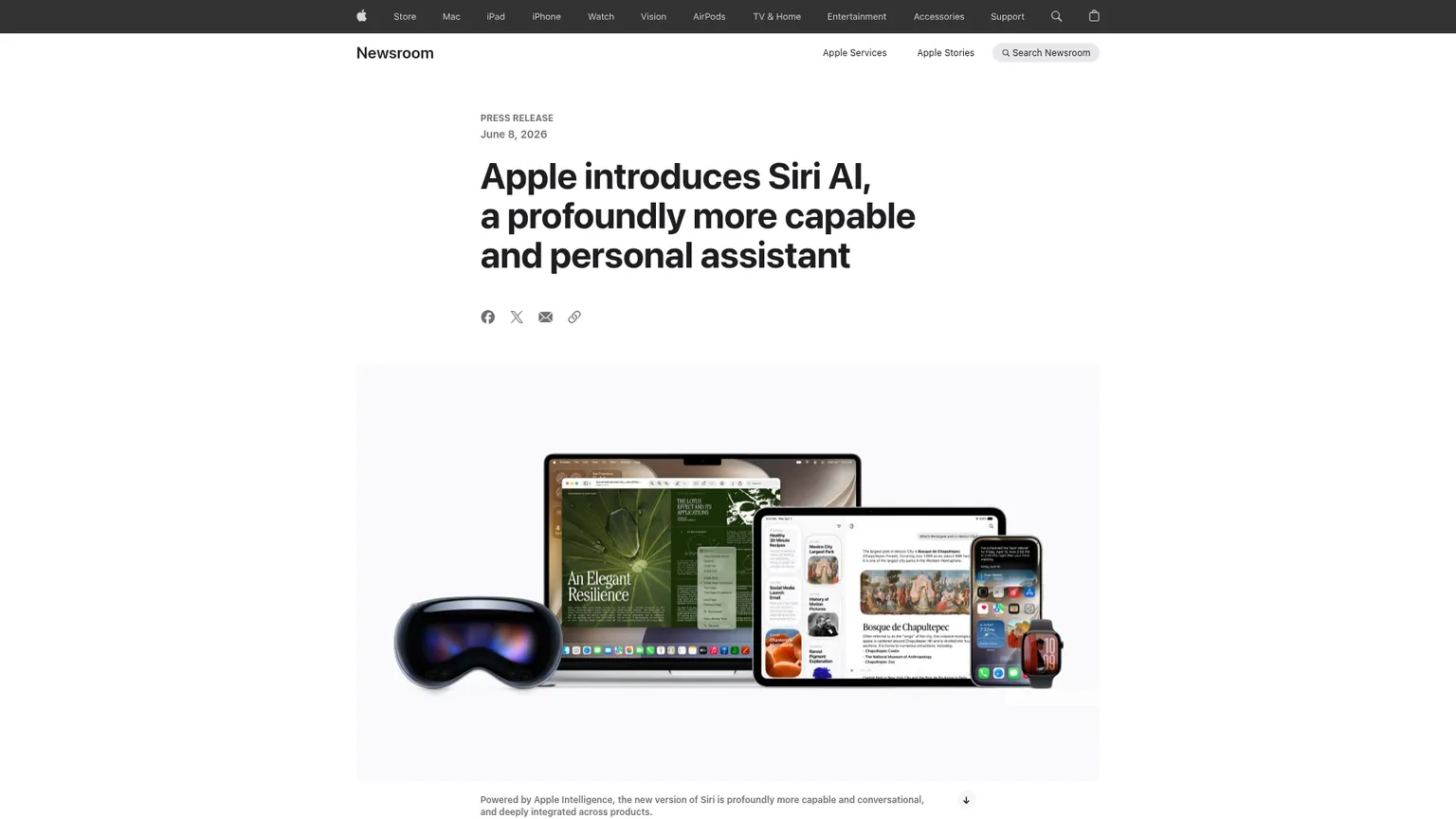 Pagina della newsroom Apple su Siri AI con esempi di contesto personale e conversazione