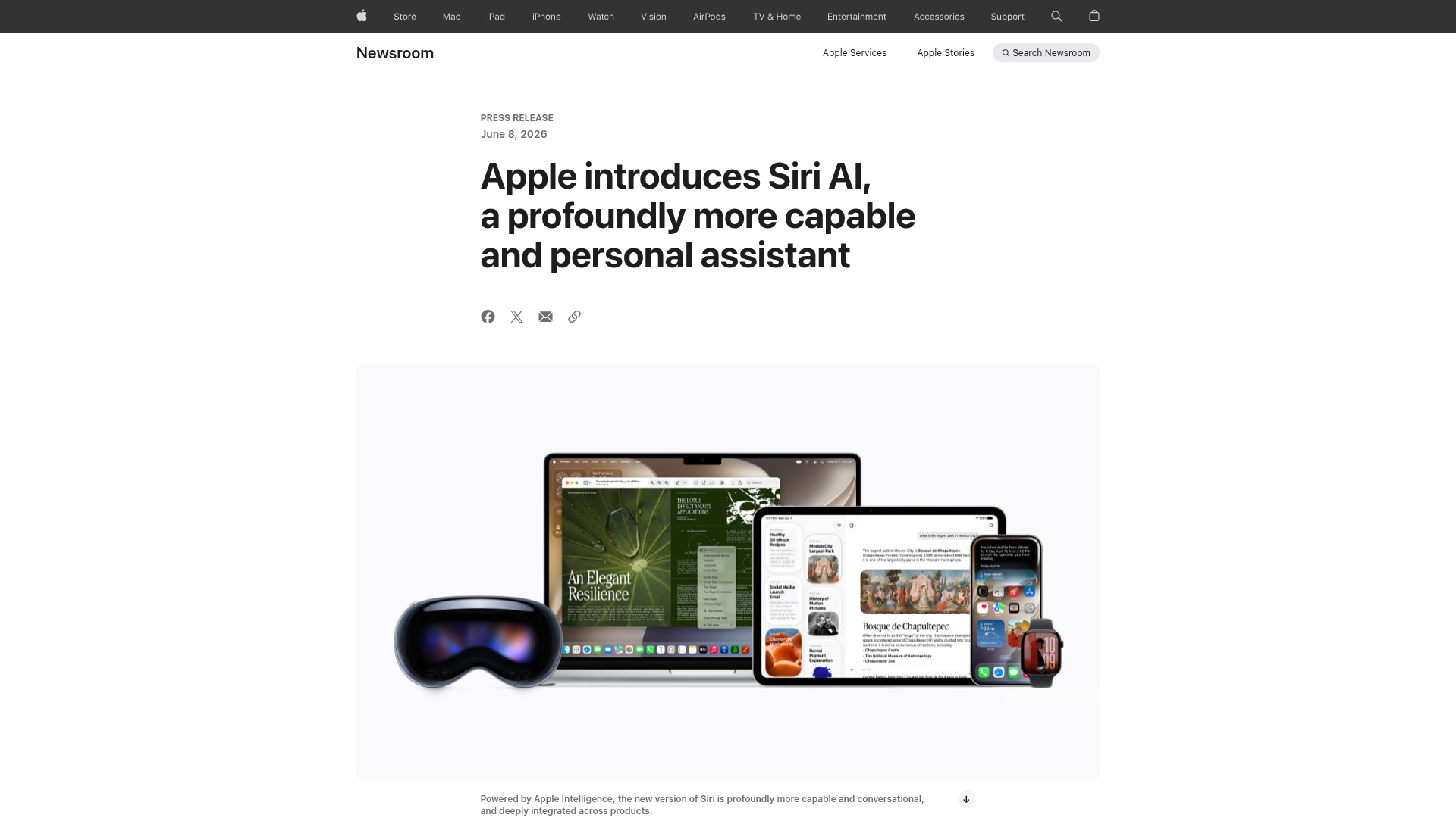 Apple Siri AI newsroom page showing personal context and conversation examples