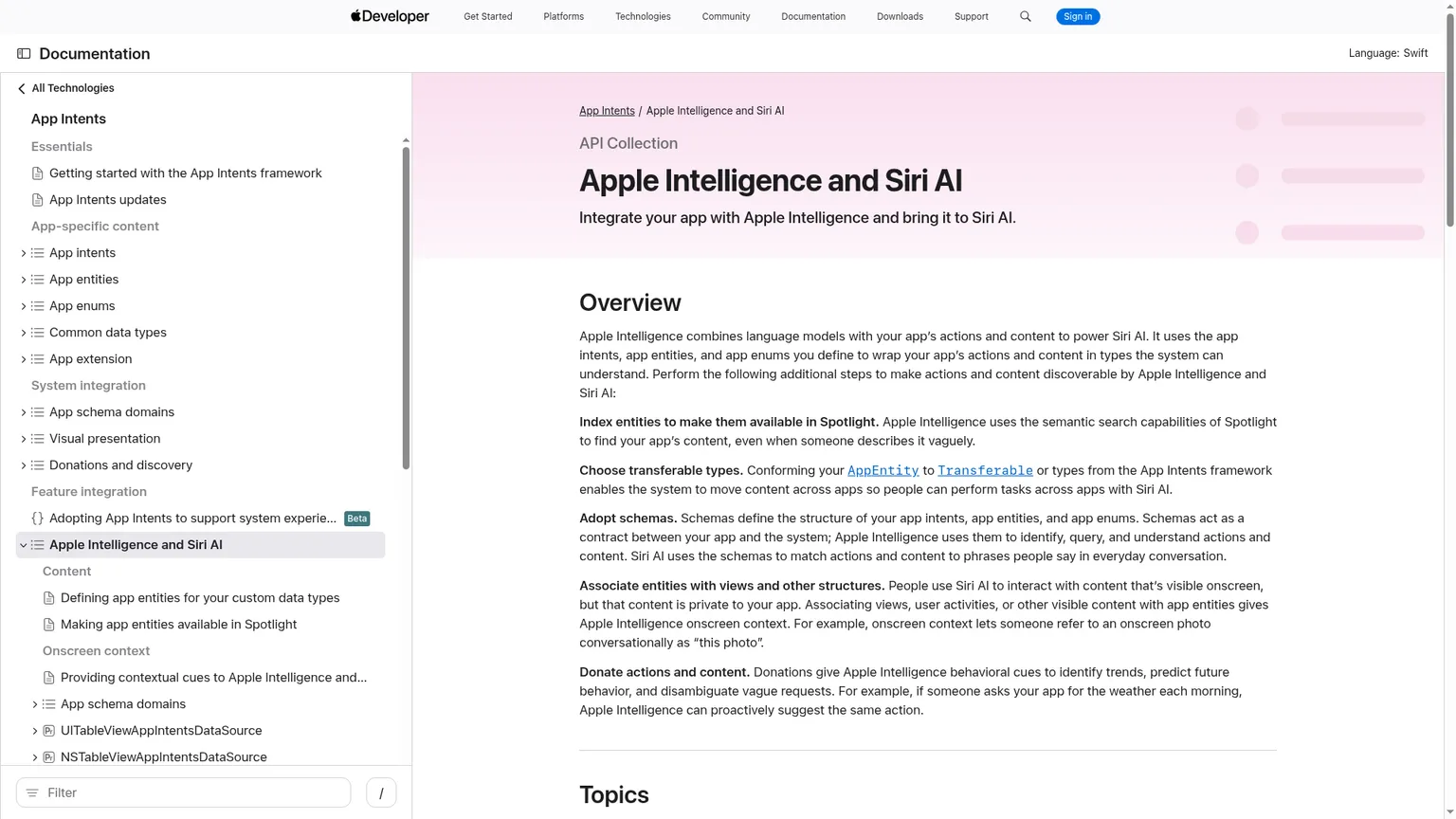 Documentazione Apple per sviluppatori sull’integrazione di App Intents e Siri AI