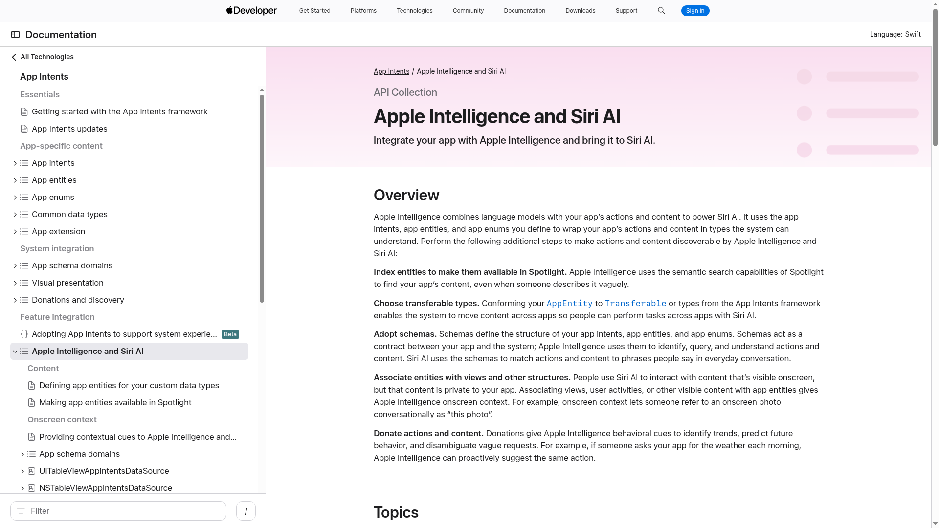 Apple developer documentation for App Intents and Siri AI integration