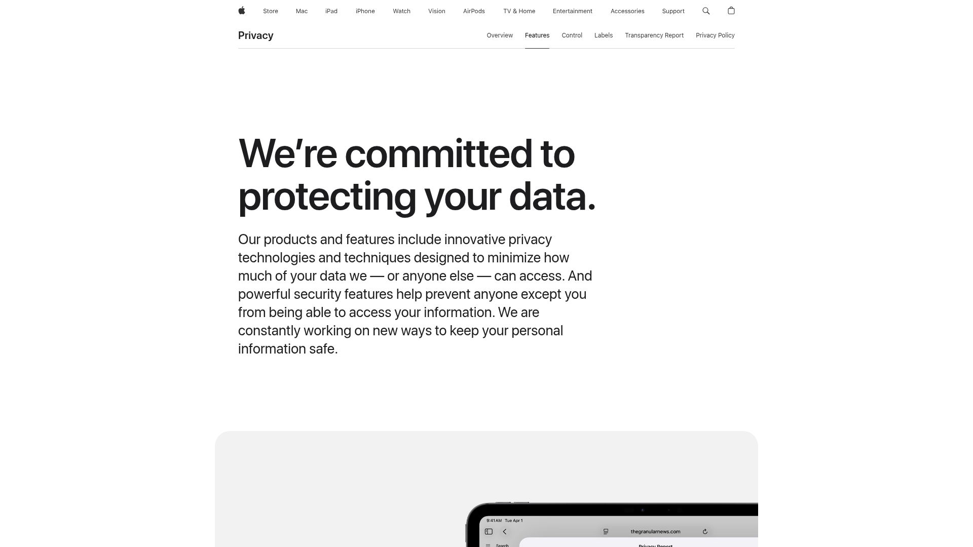 Apple privacy page explaining on-device processing and Private Cloud Compute