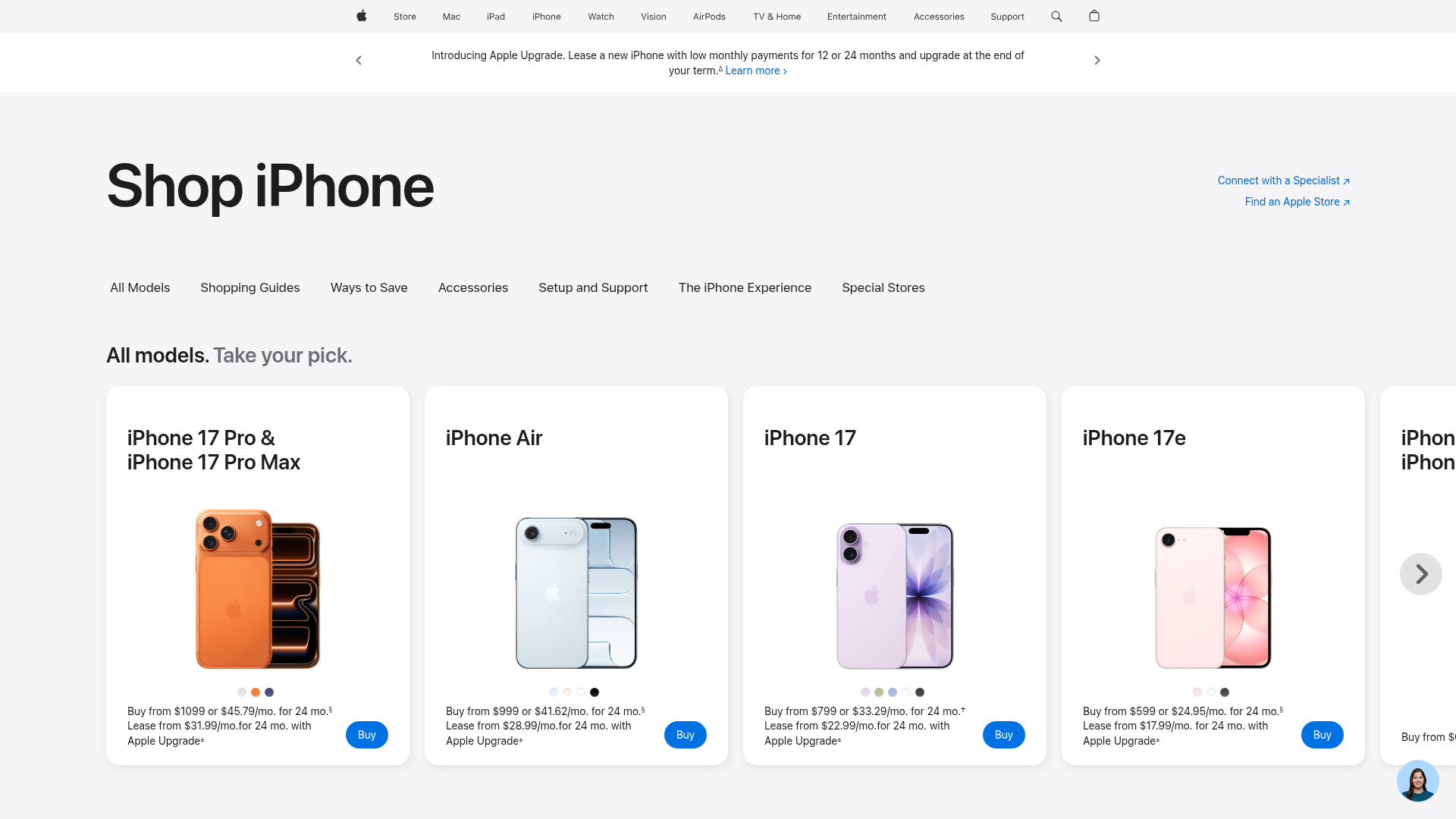 Apple US iPhone shop showing current eligible iPhone starting prices