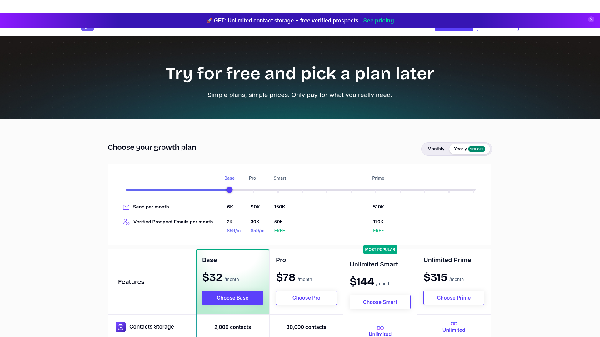 Smartlead pricing page showing tiered plans
