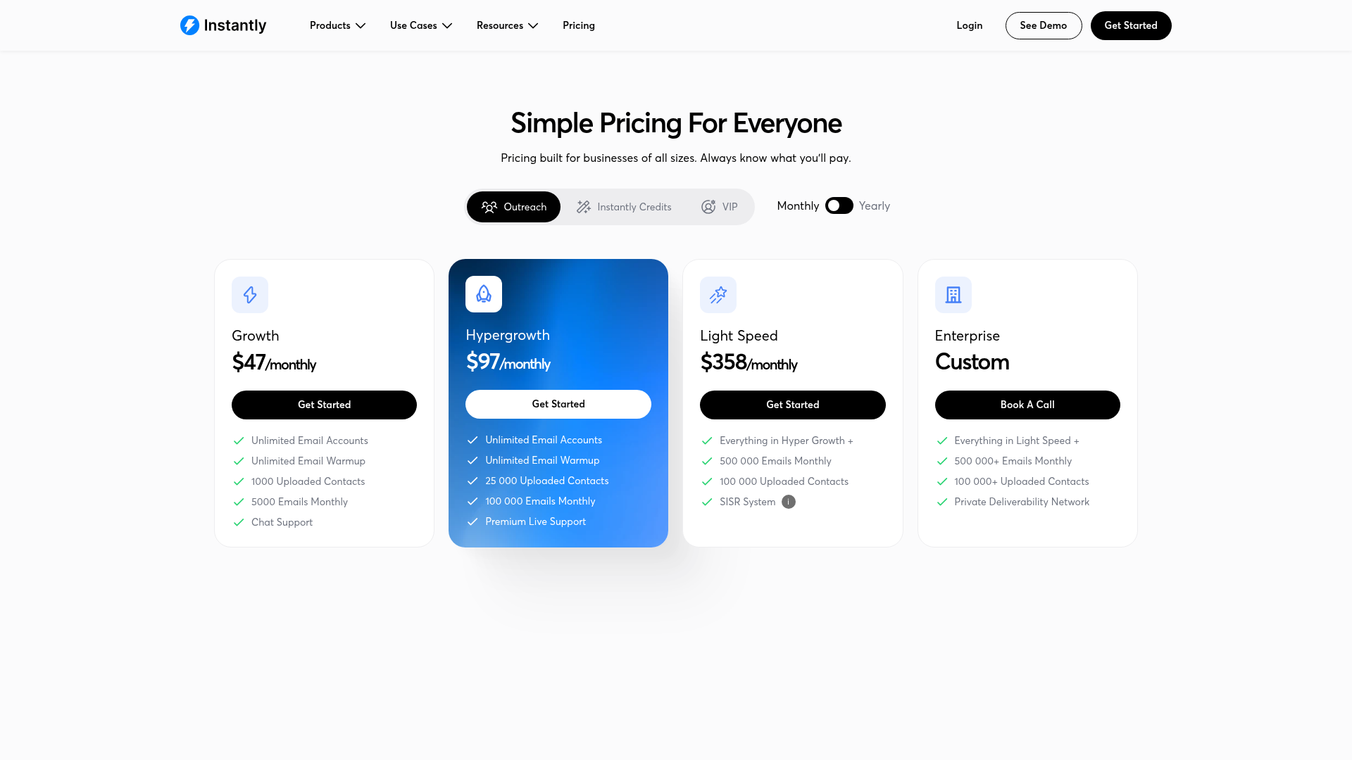 Instantly pricing page showing Outreach and Bundle plans