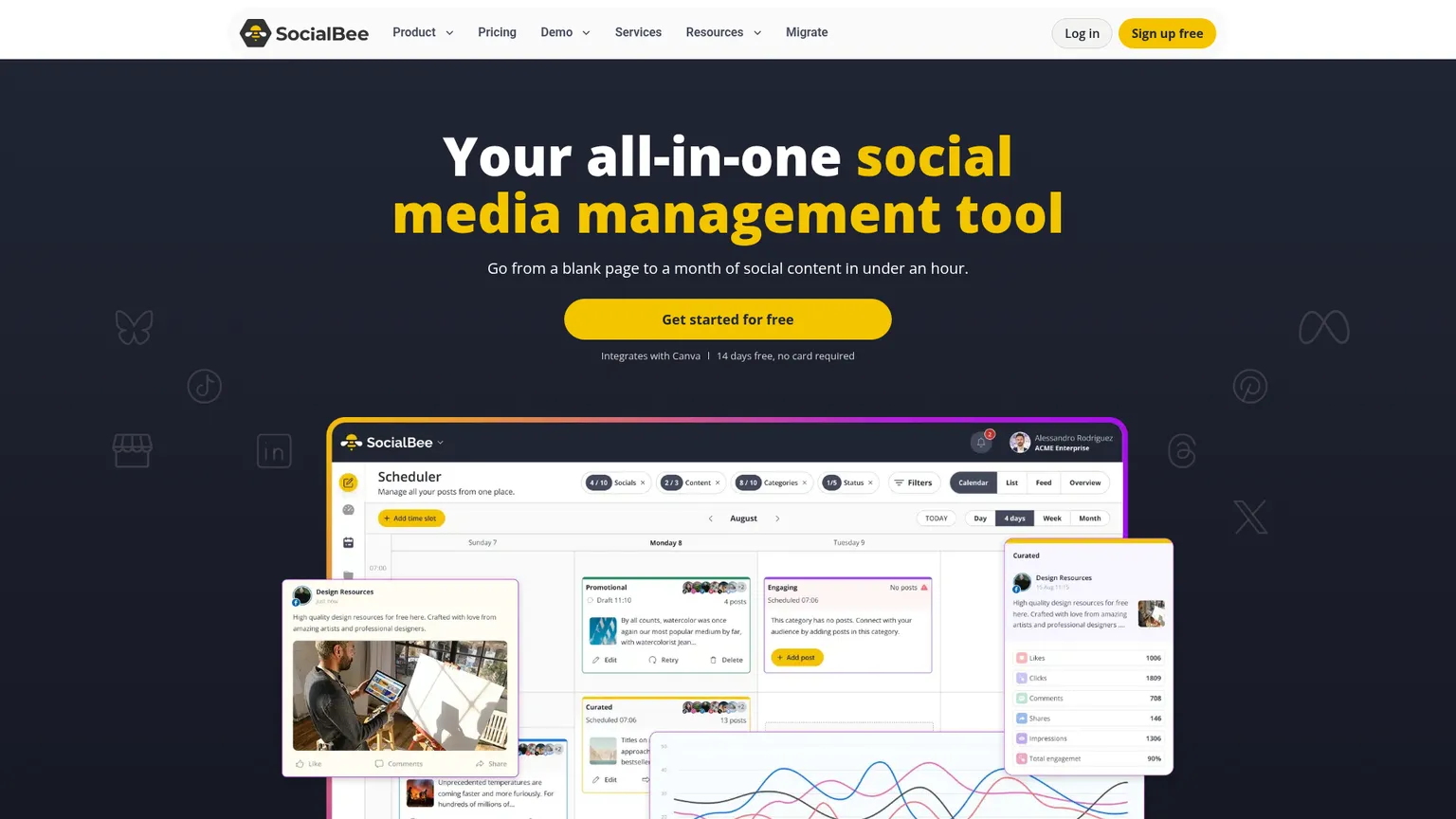 الصفحة الرئيسية العامة لـ SocialBee تعرض تقويم التواصل الاجتماعي وآلية النشر