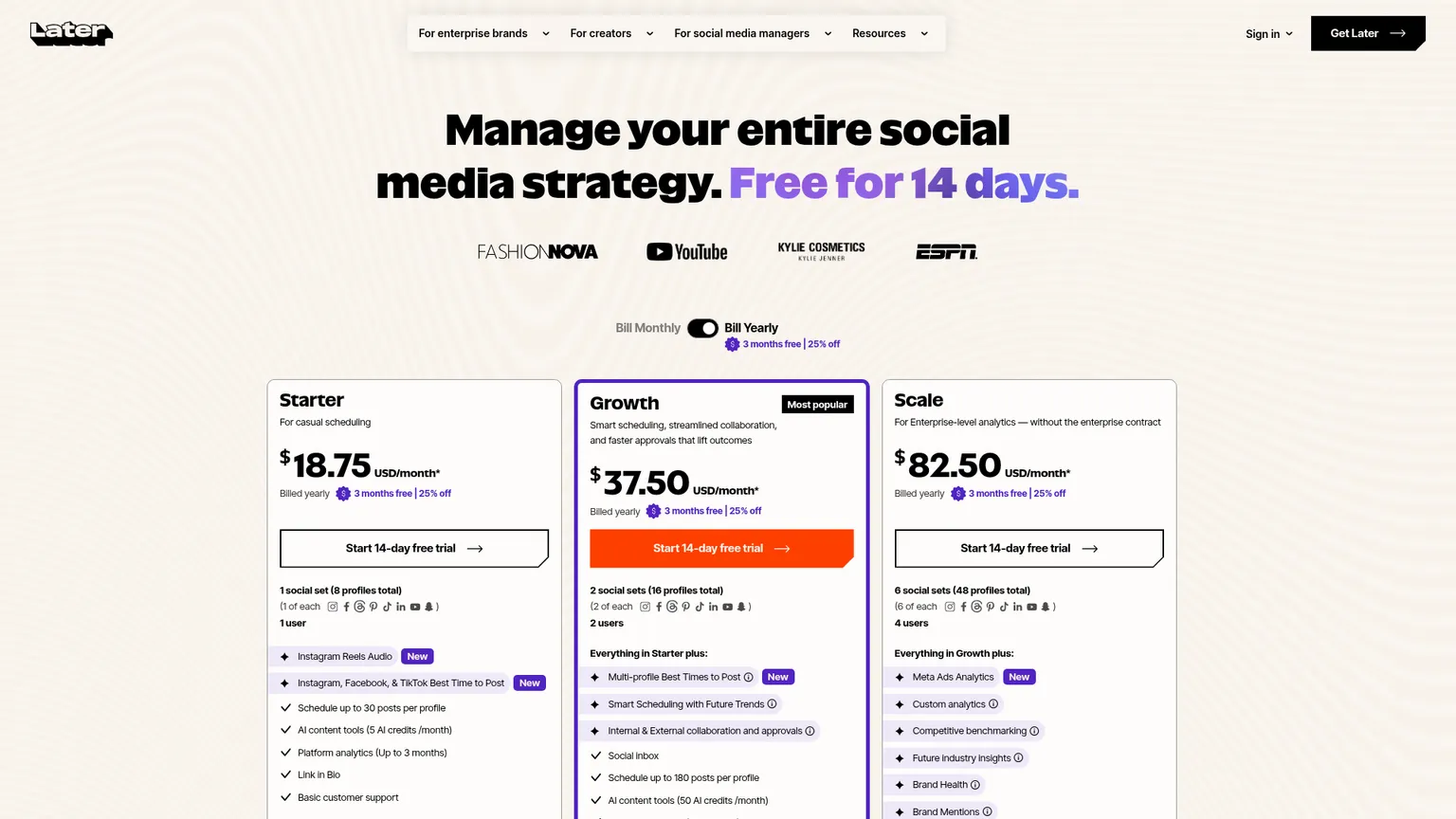 صفحة أسعار Later تعرض المجموعات الاجتماعية المتاحة في خطط Starter وGrowth وScale