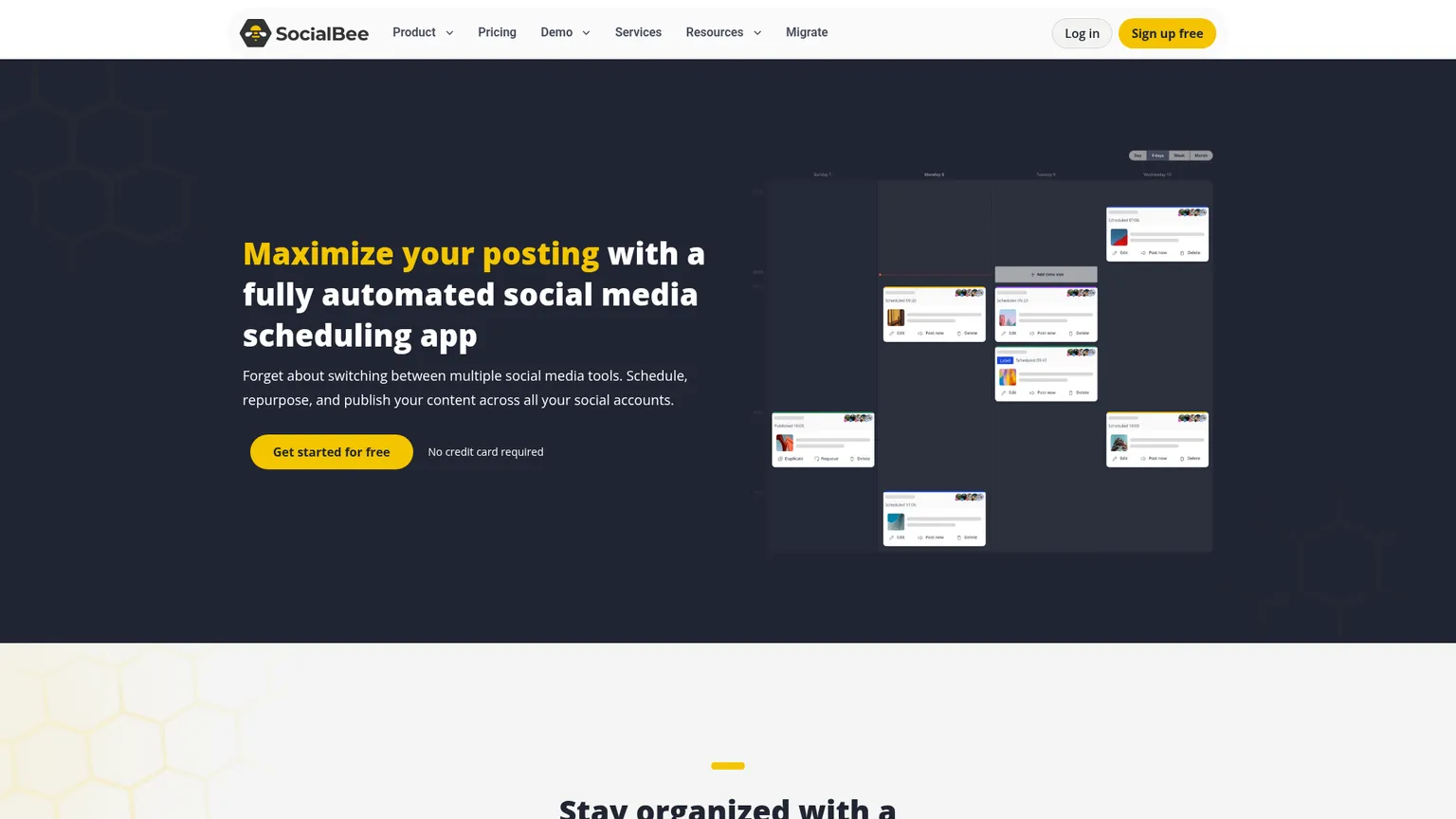 صفحة الجدولة العامة في SocialBee تعرض فئات المحتوى وطرق عرض التقويم ونشر المحتوى طويل الصلاحية