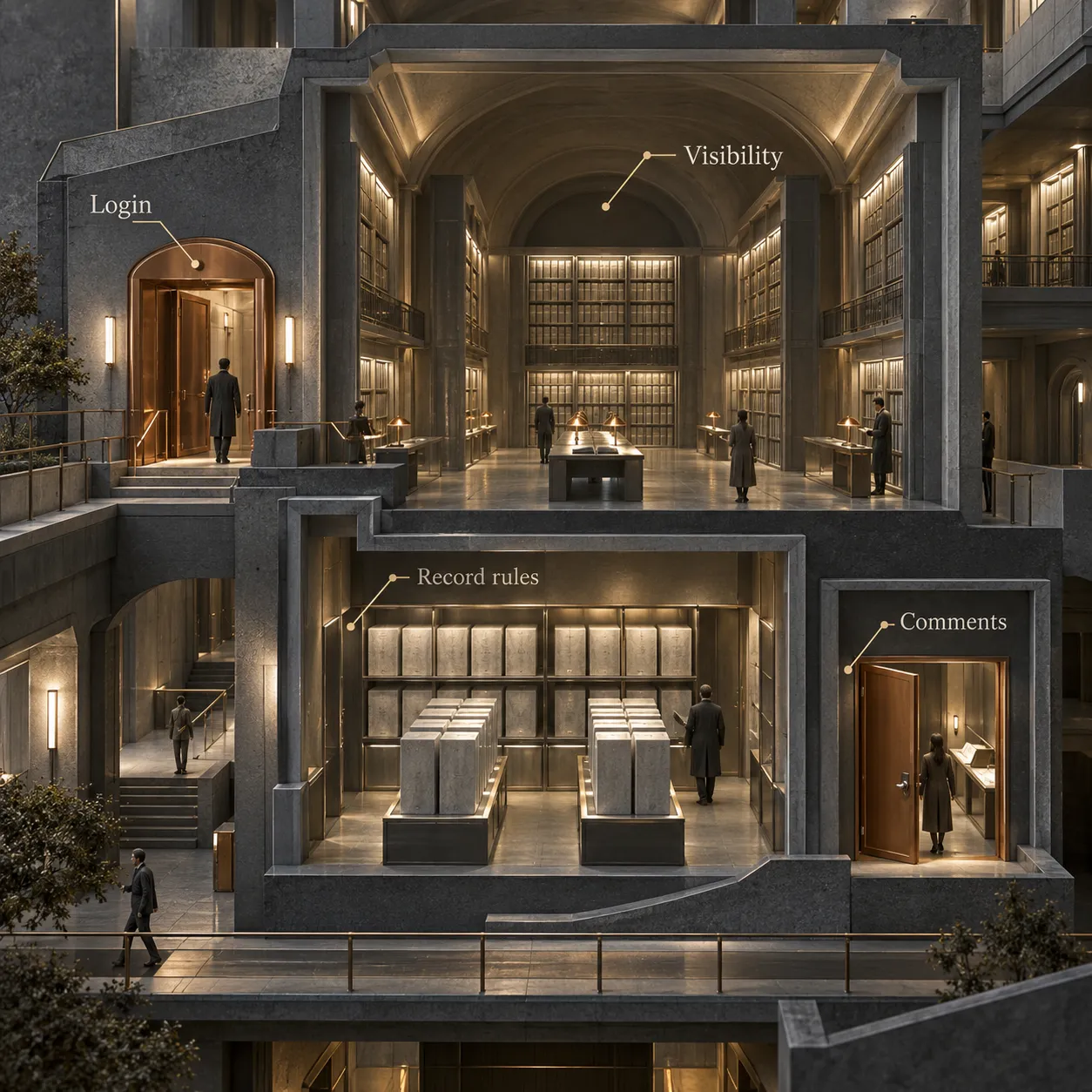 Architectural cutaway separating login, screen visibility, record restrictions, and the separate controls for comments