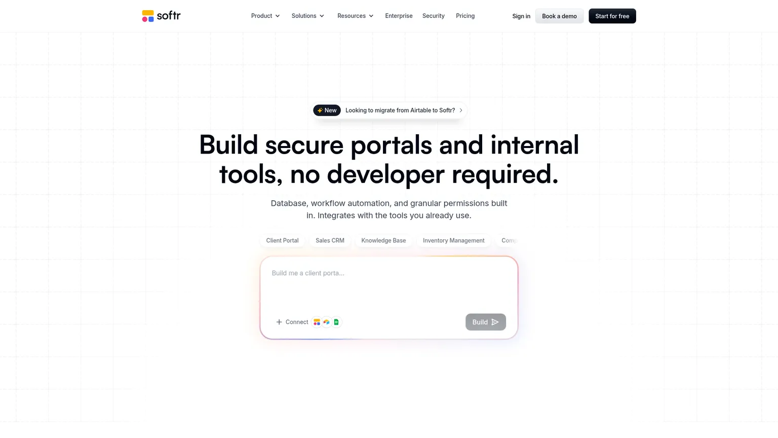 Softr public homepage describing portals, internal tools, connected data, and built-in application features