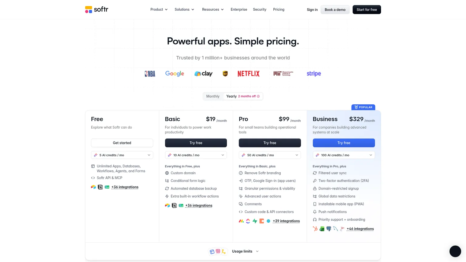 Softr public pricing page with its billing-period switch, plan allowances, and comparison