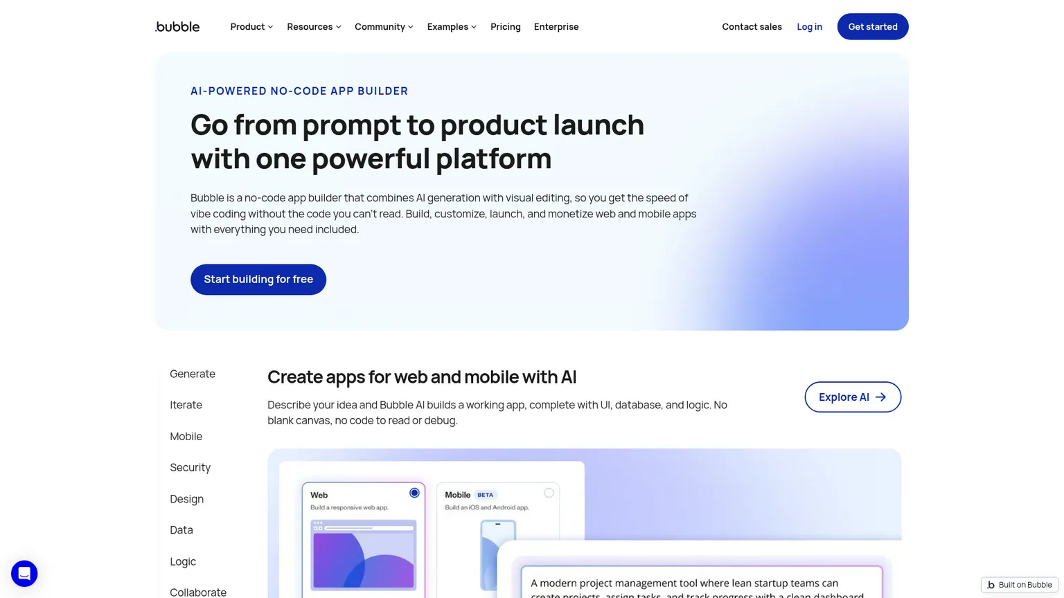 Bubble public platform page describing AI generation and visual editing for web and mobile applications