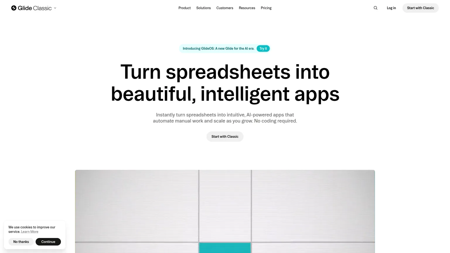 Glide Classic public homepage showing its spreadsheet-to-business-app product