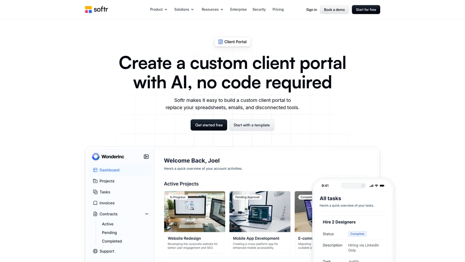 Softr public client-portal page showing project, document, form, and access-control use cases