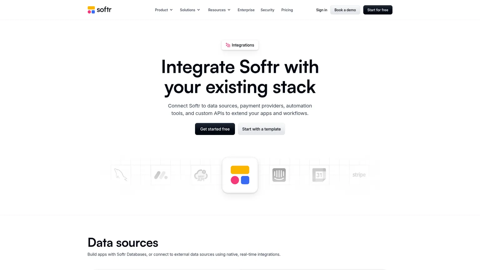 Softr public integrations catalogue distinguishing data sources from workflow and service integrations