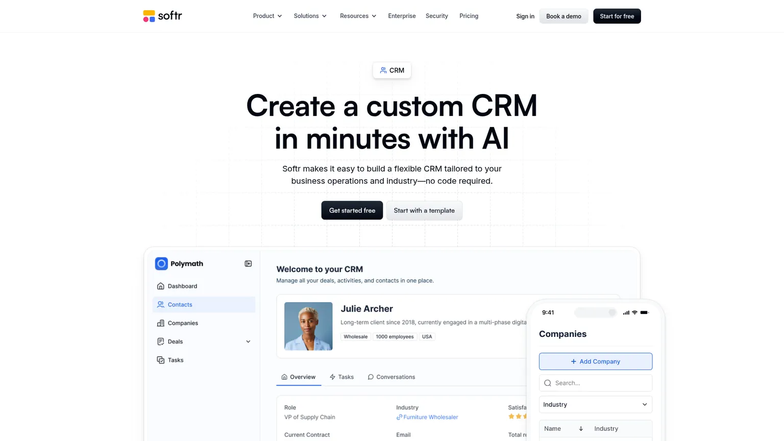Softr public CRM feature page describing contact records, lead capture, deal tracking, and reporting