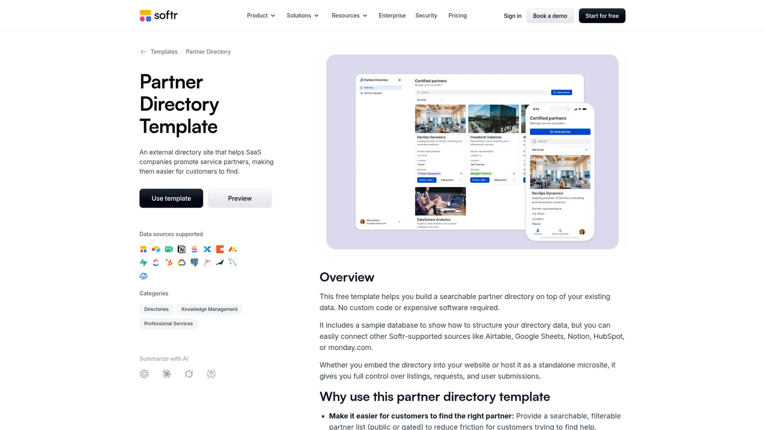 Softr public partner-directory template with searchable listings, partner submissions, and listing management