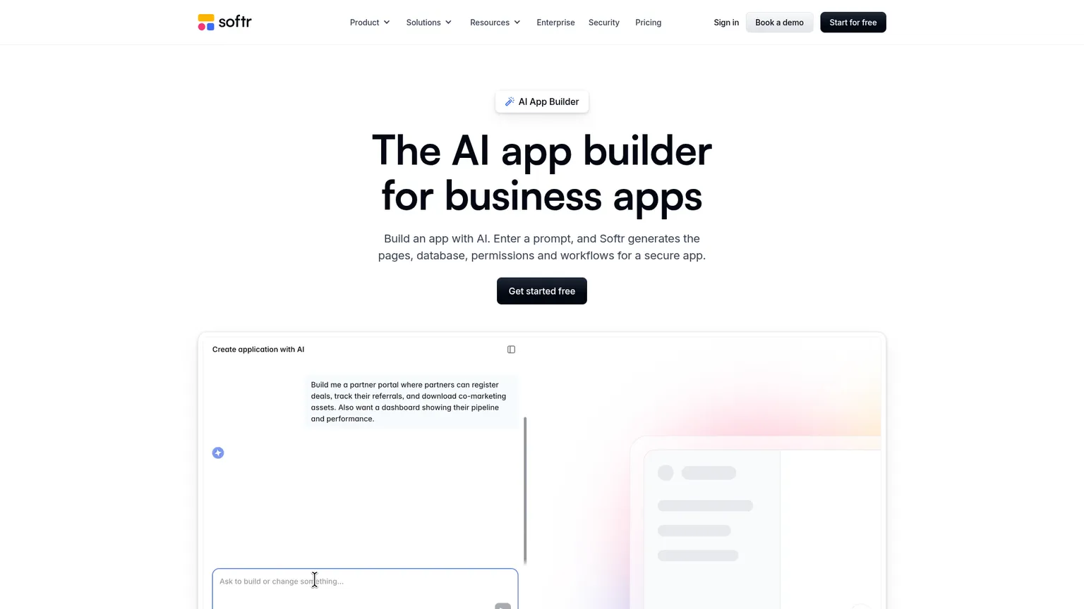 Softr public AI app-builder page describing generated applications and editable business-app foundations