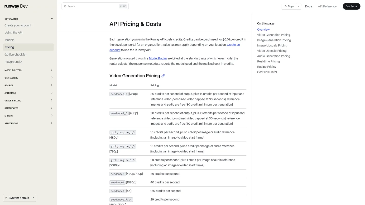 Runway API pricing page showing Gen-4.5 credit cost per generated second