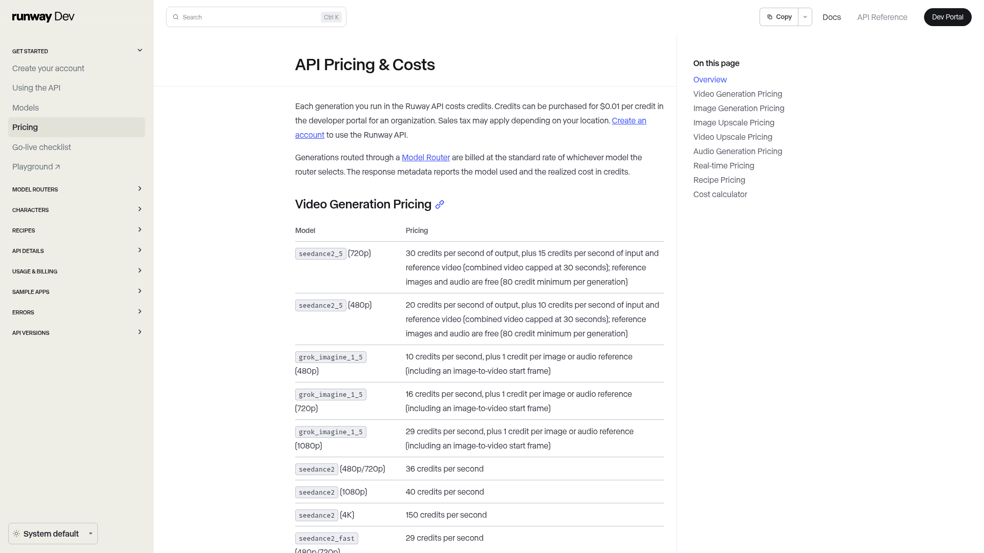 Runway API pricing page showing Gen-4.5 credit cost per generated second