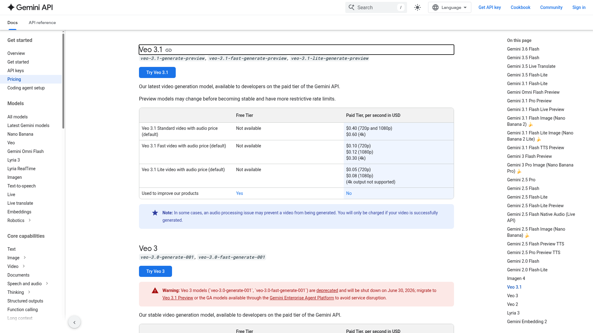 Google Gemini API pricing page showing Veo 3.1 Standard, Fast, and Lite per-second rates