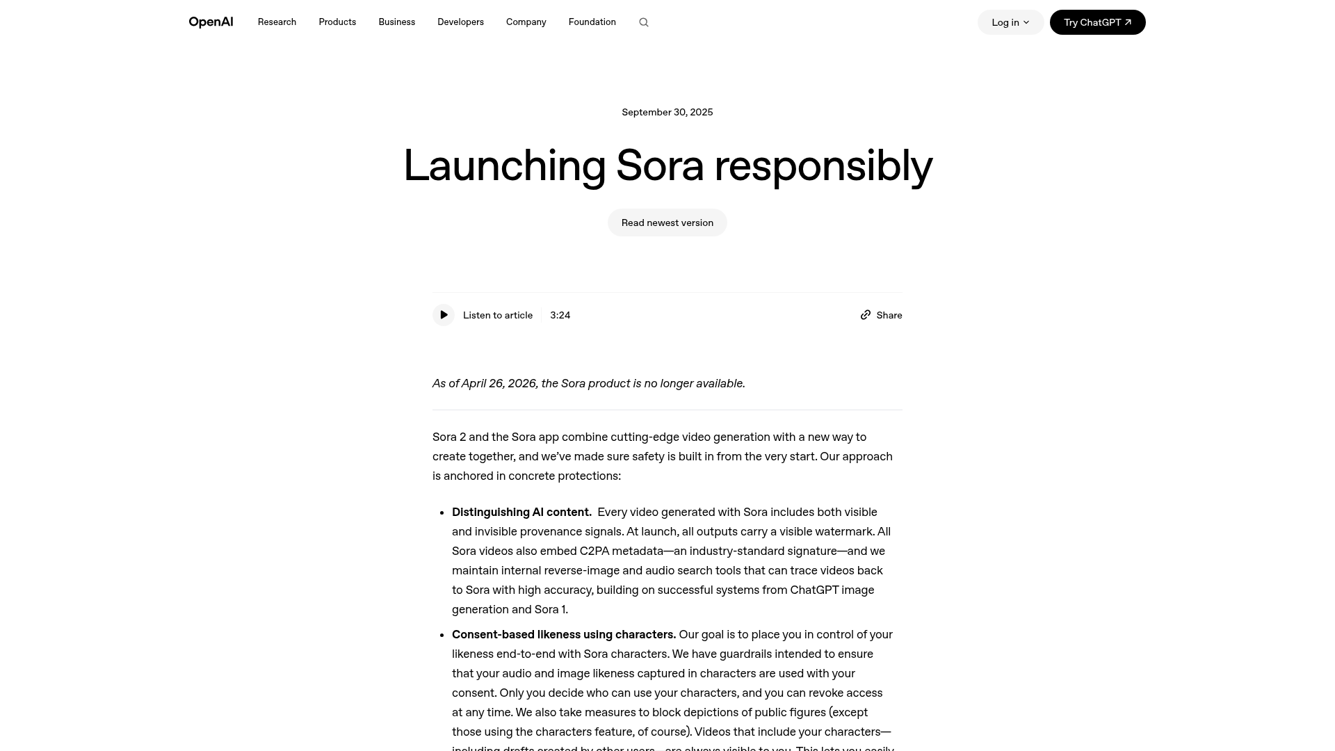 OpenAI page describing Sora watermark C2PA likeness and safety controls