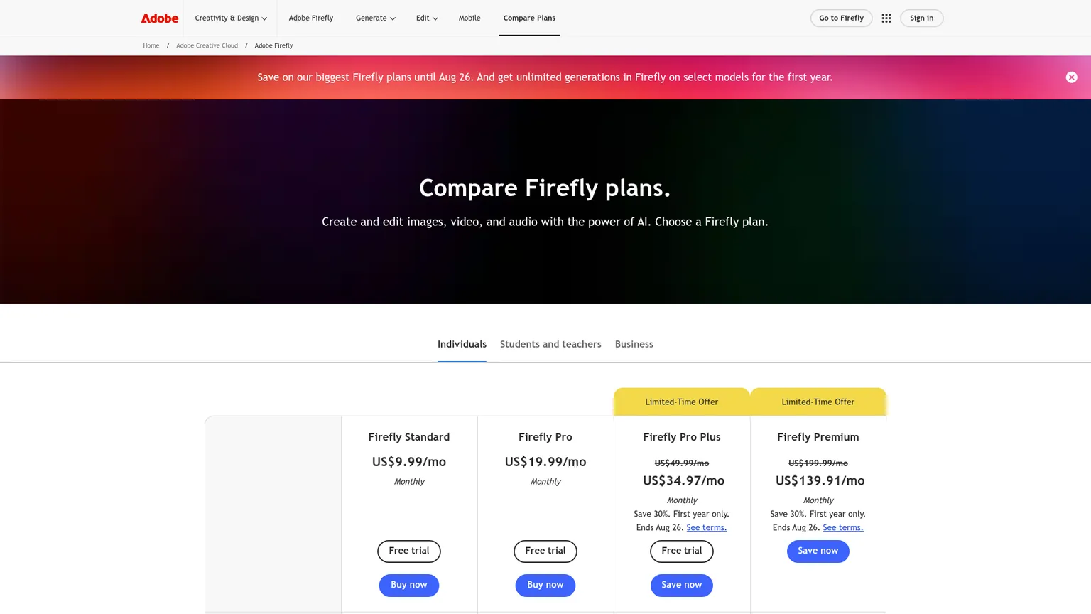 صفحة أسعار Adobe Firefly تعرض خطط Standard وPro وPro Plus وPremium
