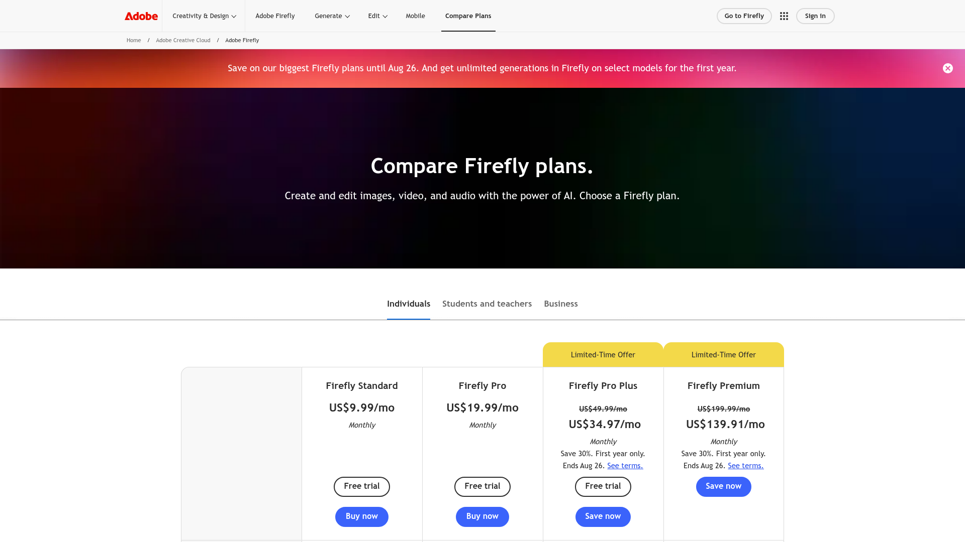 Adobe Firefly pricing page showing Standard Pro Pro Plus and Premium plans