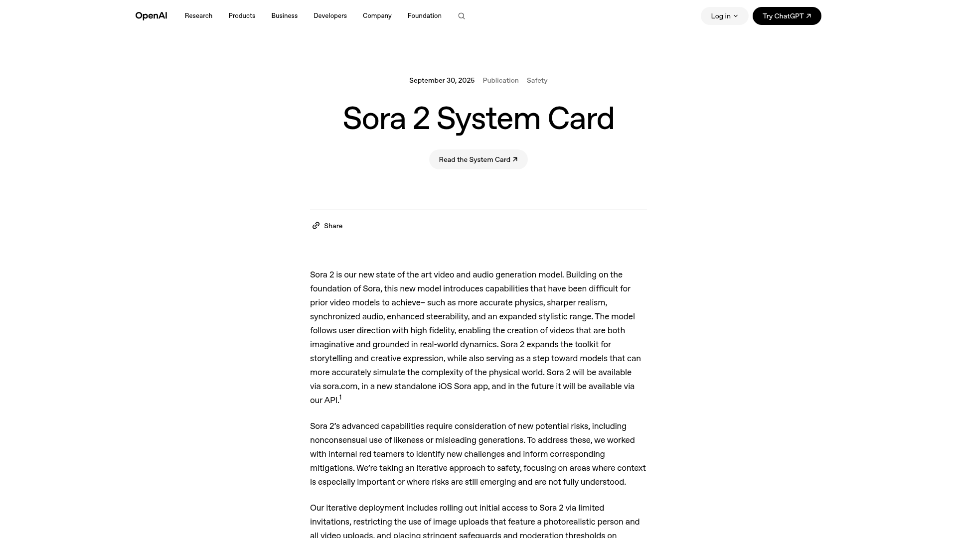 OpenAI Sora 2 system card describing video audio physics and likeness risks