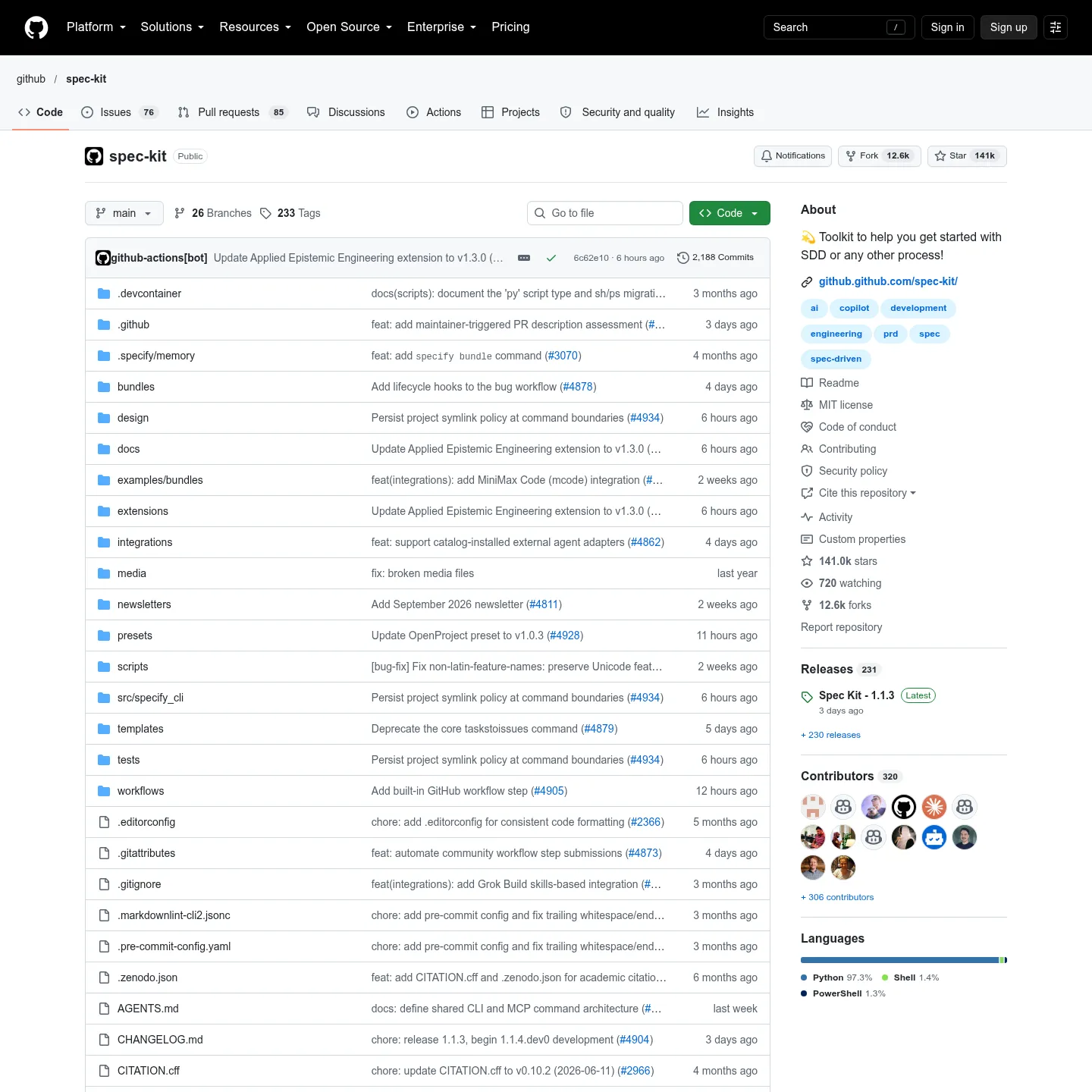 المستودع الرسمي لأدوات GitHub Spec Kit وسير عمل التطوير الموثق فيه.